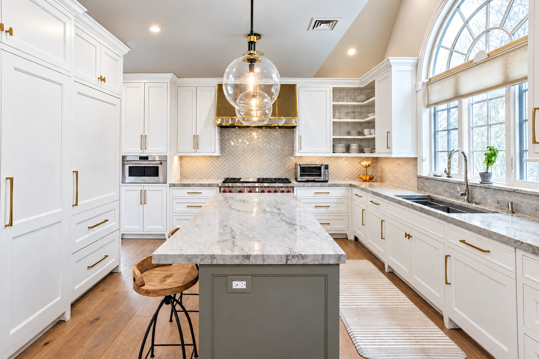 Bright custom kitchen remodel with marble island and white cabinetry by Buck Run Builders